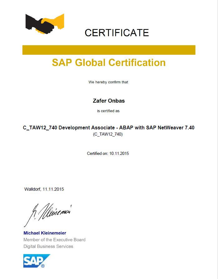 Zafer Onbaş - SAP Certified Development Associate - ABAP with SAP NetWeaver 7.40 (C_TAW12_740)